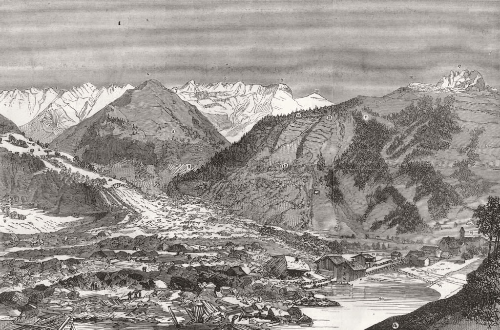 SWITZERLAND. Landslip. Mosli Sernf Mittaghorn Zwolfihorn Stafeli Elm 1881